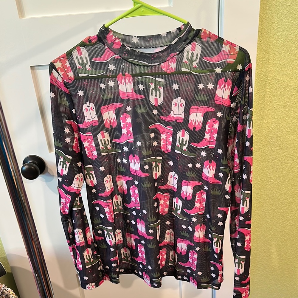 Colorful Cowboy Boot Print Long Sleeve Top